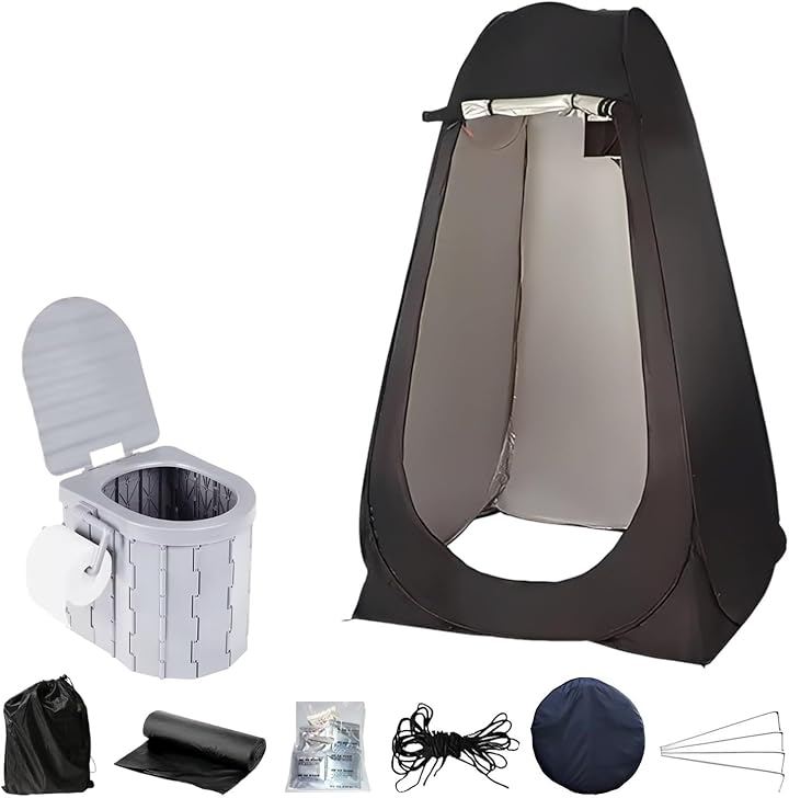 トイレ用テント 簡易トイレ セット キャンプ 携帯トイレ 折り畳み トイレテント 防水 (ブラックｘグレー, 120x120x190cm)