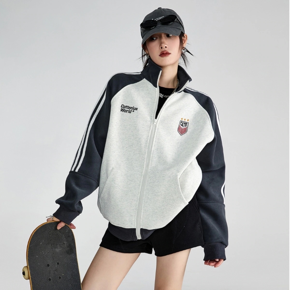 秋冬 韓国 かわいい レディース ハイネック スタンドネック アウター ブルゾン お出かけ 長袖セクシーシルエットトップスサイド冬カジュアルファッション系サイズお出かけフル丈トラック