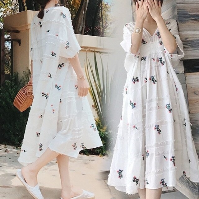 フローラルワンピース 花柄ワンピース フラワー 刺繍花柄 ホワイト 白 外国風トレンディ インポート 5,253円