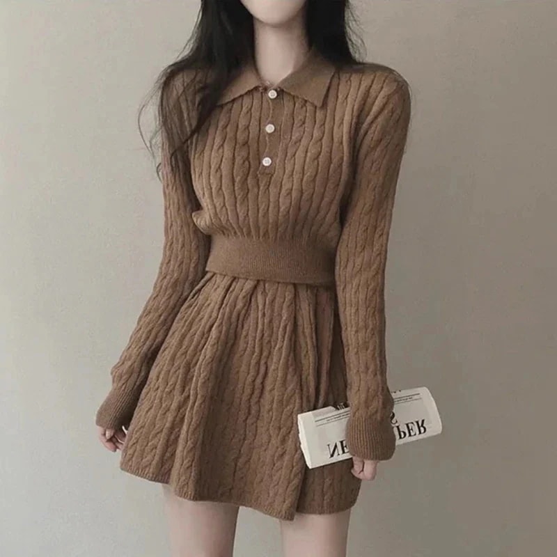 ケーブル韓国デザインレディースニットセットアップセーター+スカート秋冬コーデ セットアップ
