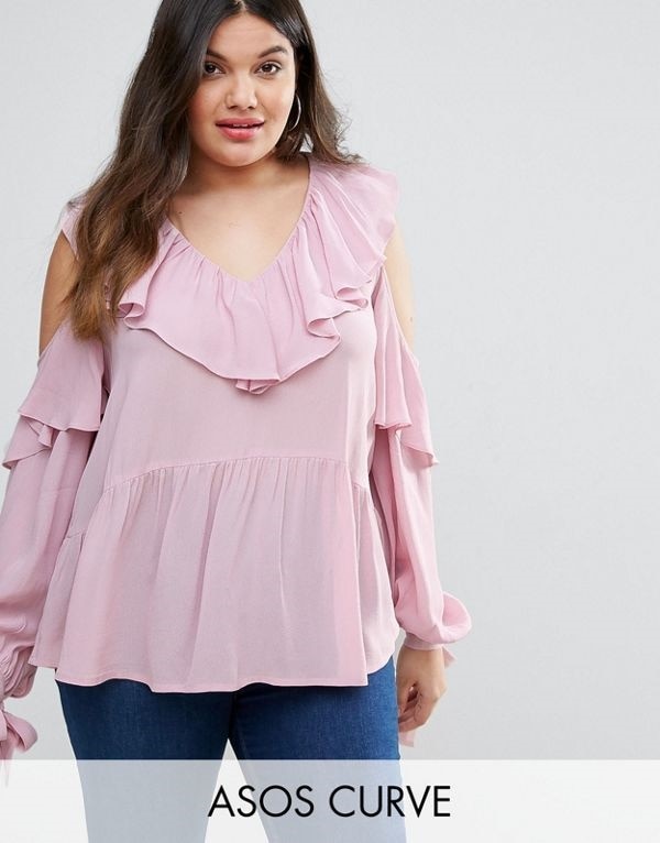 ASOS エイソス レディース 大きめサイズ ゆったりサイズ 送料無料 Pale lilac CURVE Cold Shoulder Blouse with V-Neck and Ruffles