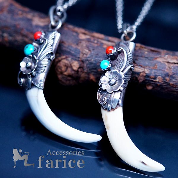インディアンジュエリー 牙 牛 骨 天然石 ターコイズ 珊瑚 レッドコーラル 花 フラワー ツタ メンズ シルバー925 ペンダント ネックレス白骨or黄白骨