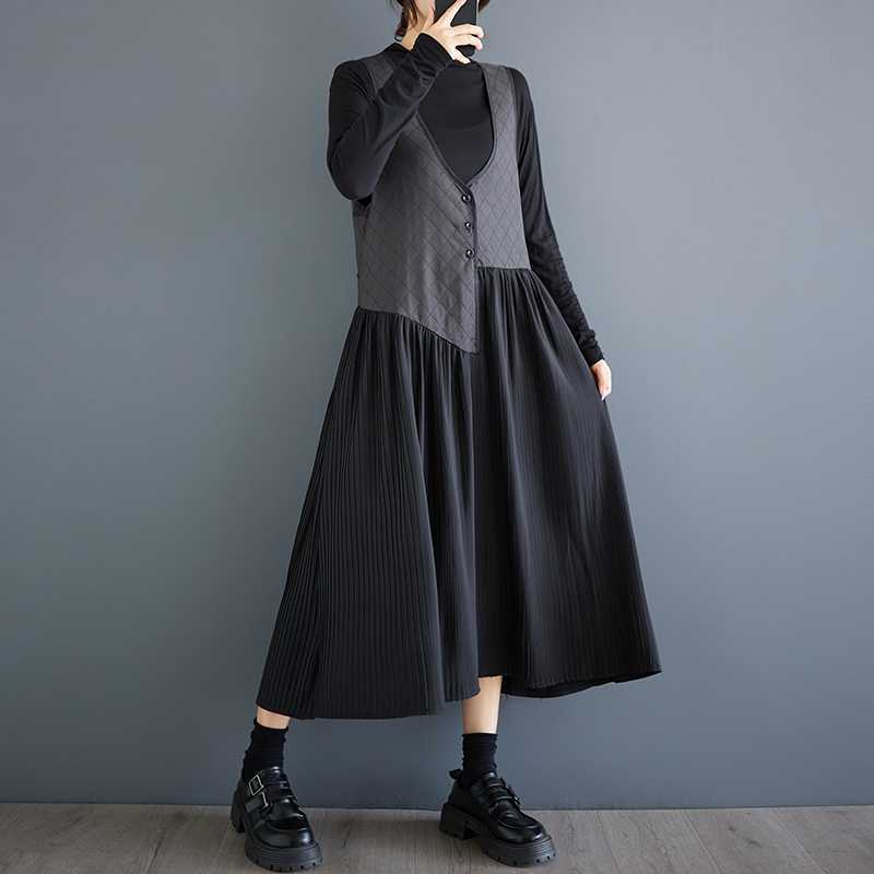 「ファットガール」 2024秋新品 ノースリーブワンピース ベストワンピ 体型カバー 大きいサイズ vネック レディース 袖なし ドッキング キャミワンピース メガ割30%制限 4,962円