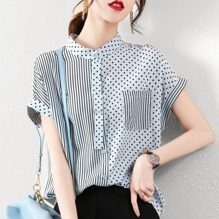 【人気高い】 おしゃれ フェミニン シングルブレスト 切り替え スタンドネック ドット柄 シャツ