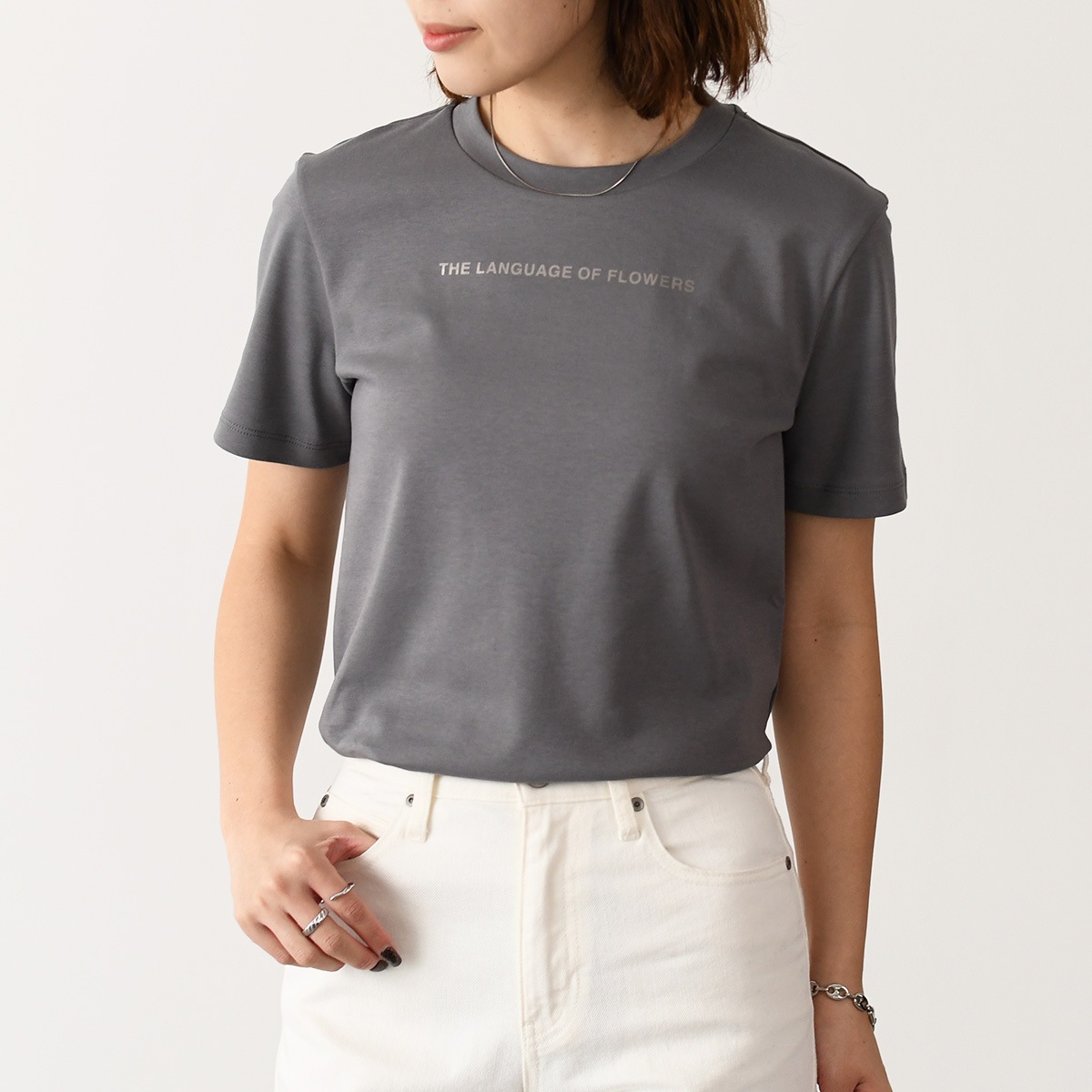 Tシャツ トップス ジャージプリントTシャツ QUIETO レディース グレー 半袖 クルーネック コットン 春夏