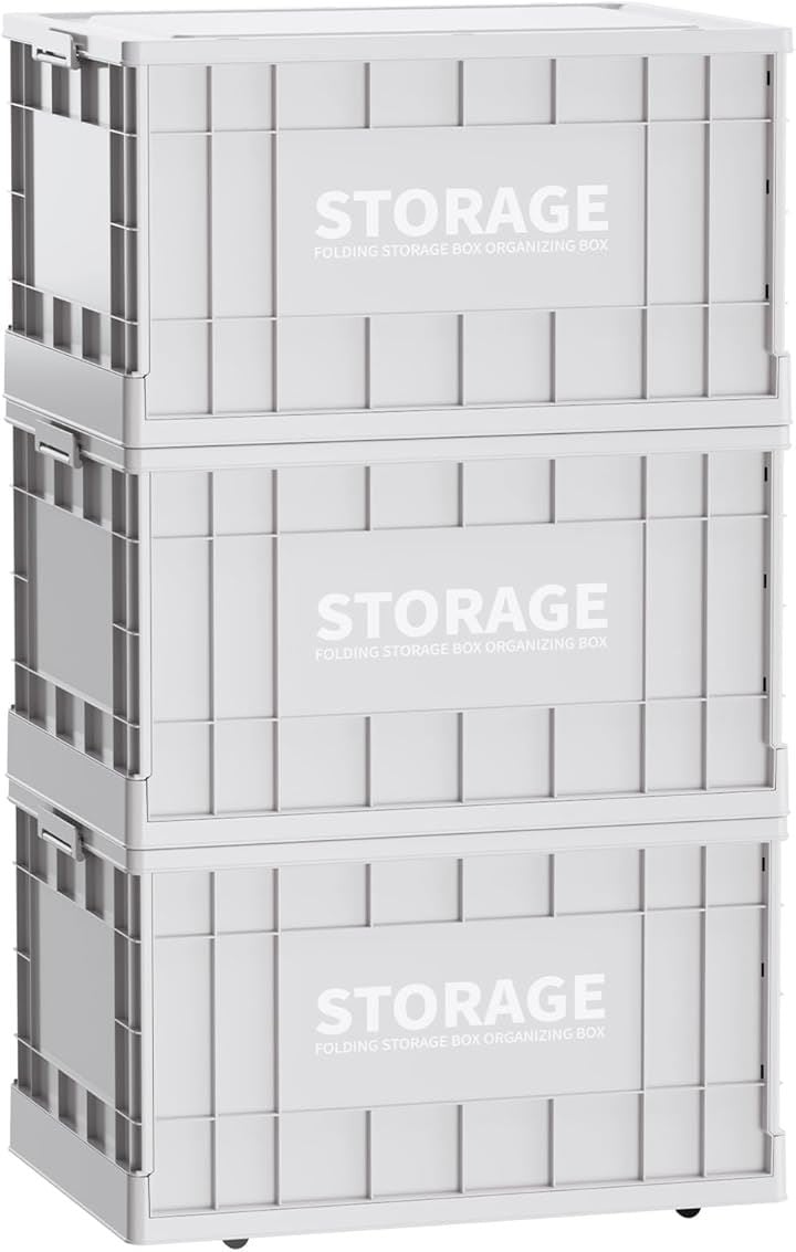 収納ボックス 折りたたみ式 大容量 コンテナボックス 蓋付き キャスター付き おしゃれ プラスチックケース クローゼット 押入れ 衣類 布団(3個セット，ライトグレー, Large) 7,776円