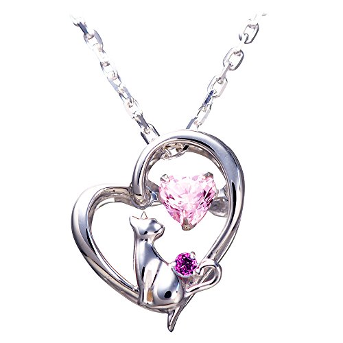 選べる誕生石最高級スワロフスキーダンシングストーンハートネコペンダントネックレスレディースシルバーベビーピンク(1月：ロードライトガーネット)