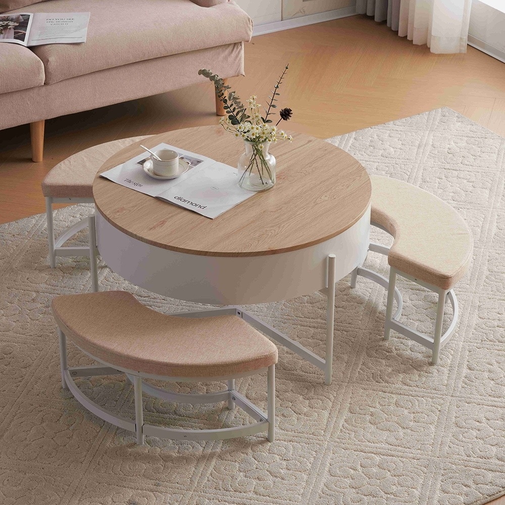 【国内即日発送】昇降センターテーブル 4点ダイニングセット 1テーブル+3チェア センターテーブル 座面クッション付き 収納付き