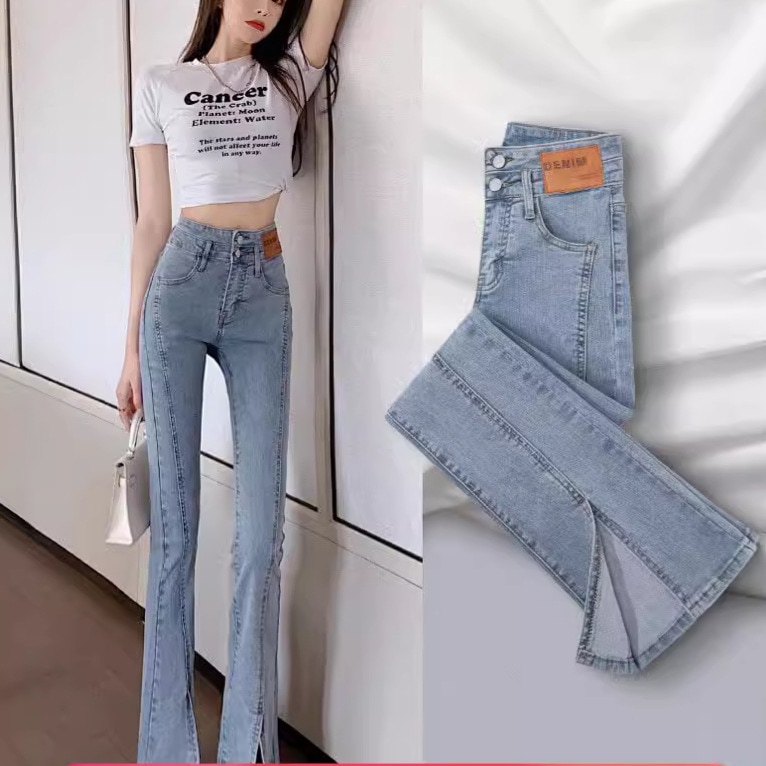 スリット ブーツカット ジーンズ レディース 夏 薄手 2024 ハイウエスト 着痩せ ライトカラー プチ フレア パンツ