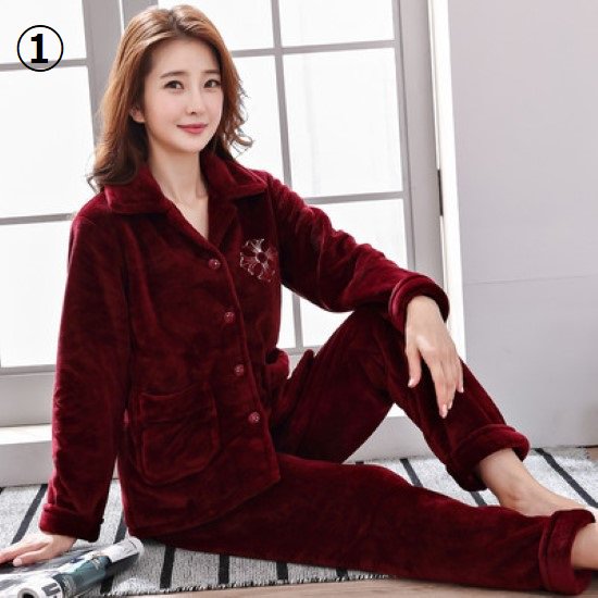 【取寄：納期2週間】ルームウェア レディース パジャマ 長袖長ズボン 襟あり フロントボタン 前開き フランネル フリース 冬 暖かい 上下セット 2点セット リラックス ゆったり ポケット 厚手