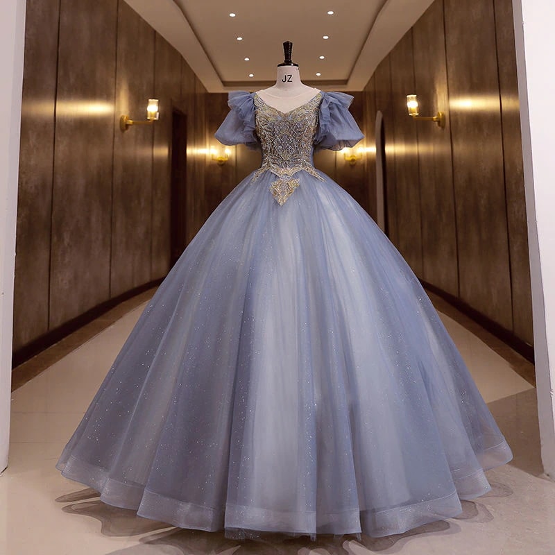 ブルーイブニングドレス 2024 パフスリーブ学生声楽試験ハイエンドドレス女性ホスト ウェディングドレス