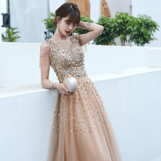 【取寄：納期2週間】演奏会ドレス パーティードレス 結婚式ドレス レディース ワンピースドレス エレガント Vネック イブニングドレス ロングドレス スパンコール お呼ばれ Aライン きれいめ
