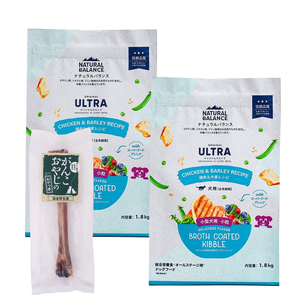 オリジナルウルトラ 犬用 全年齢用 鶏肉&大麦 小粒1.8kg×2袋【国産鹿デンタルボーン 1本付き】