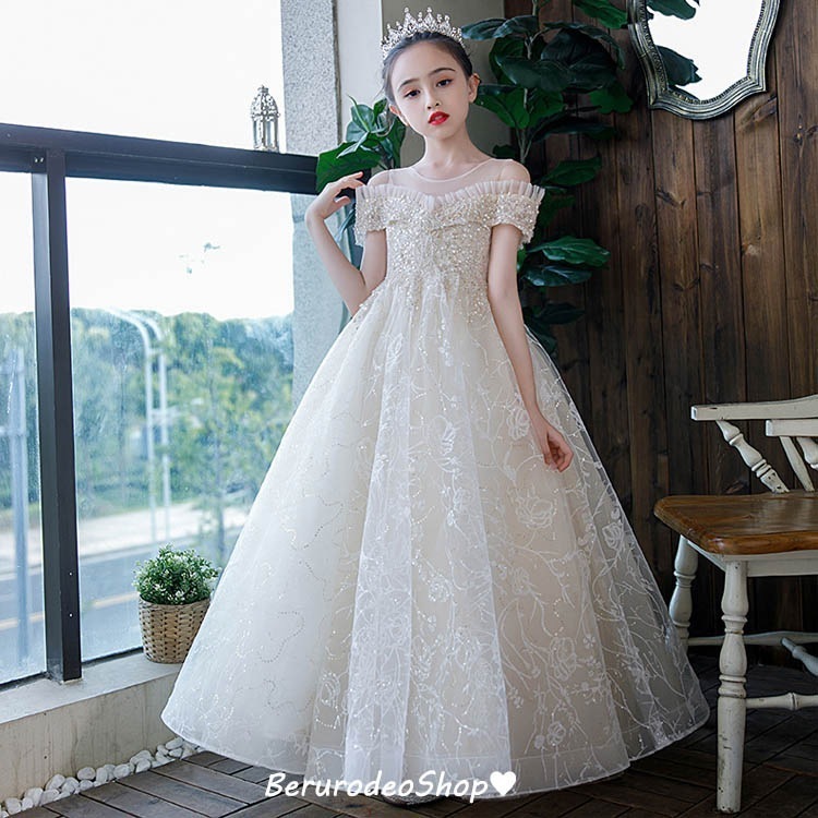 子供ドレス ライトシャンパン色 ロングドレス ピアノ発表会ドレス 150 160 女児ドレス スパンコール キラキラ キレイめ 女の子ドレス 演奏会ドレス キッズドレス オフショルダー 肩出し 100