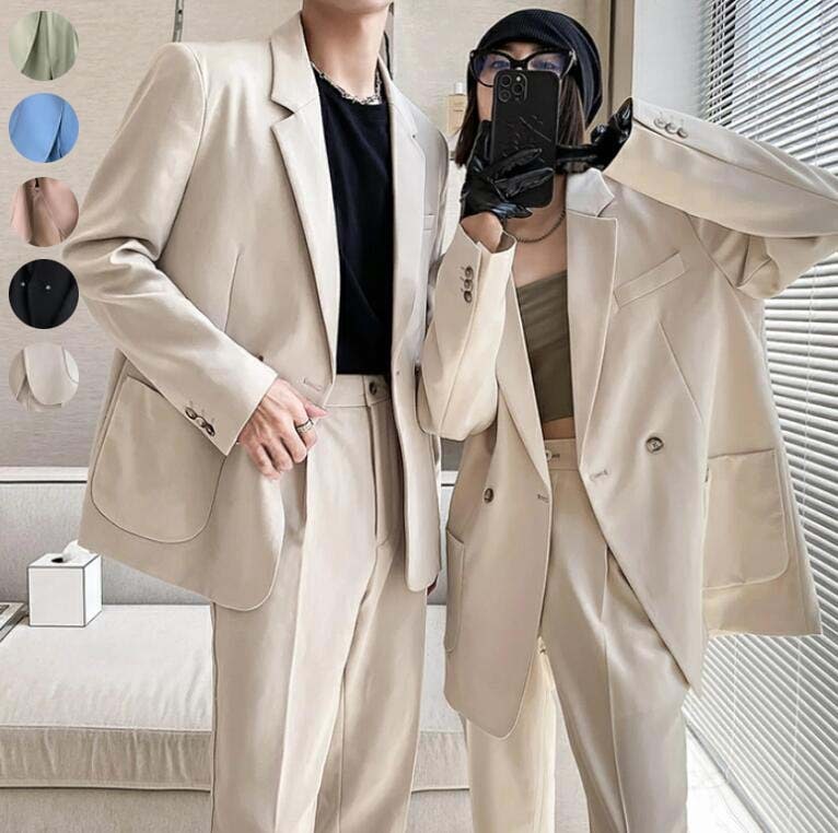 【早い者勝ちタイムセール】男性スーツ 男女兼用 韓国風 お揃い カップル メンズスーツ レディーススーツ 一つボダン カップル 2点セット おしゃれ 格好いい 無地 ビジネス セレモニースーツ フォ