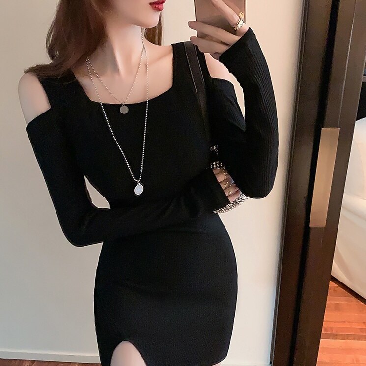 ワンピース 長袖 秋 きれいめ ワンピドレス タイトワンピース ミニ ミニ丈 ショート ショート丈 膝丈 ひざ丈 膝上 スクエアネック オフショルダー 襟なし スリム タイト 細身 ストレート スリッ