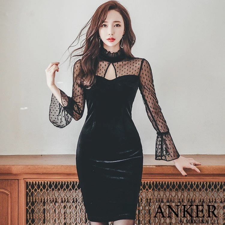 【新作】レディース ワンピース 秋 冬 長袖 パーティーワンピ パーティードレス キャバドレス キャバ嬢 キャバワンピ ドット柄 レース フリル ショート タイト ワンピース 秋 冬
