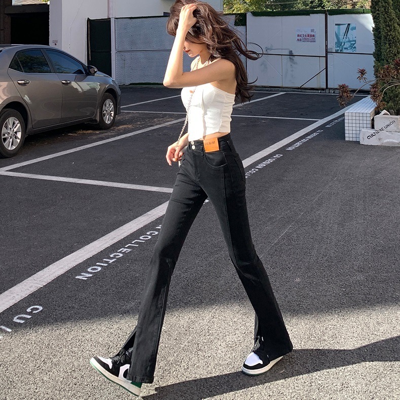 レディース ジーンズパンツ ワイドレッグパンツ 裾広パンツ 薄い 前スリット カジュアル デイリー