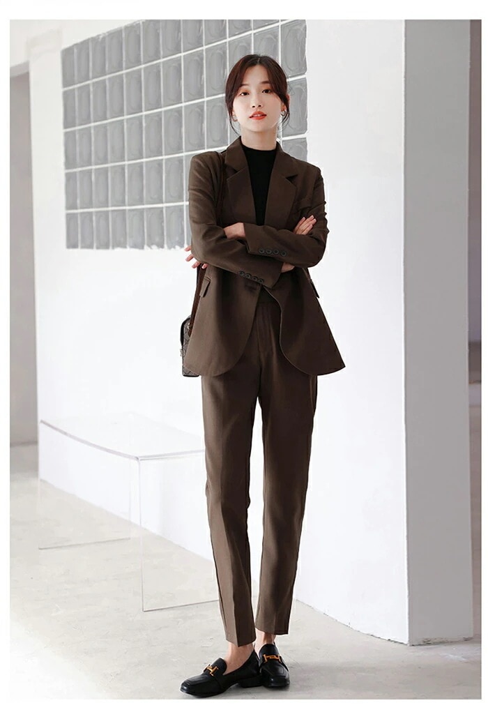 スーツパンツスーツ着痩 入学式 洗える ジャケット パンツスーツ レディース ブラウン スーツ スーツセット パンツ リクルートスーツ ノーカラー セットアップ フォーマル 2点セット レディーススー