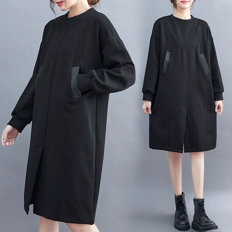 大きいサイズファットマミー長袖ロンTワンピース女性春秋韓版ゆるいデザイン感小衆スリットTシャツ