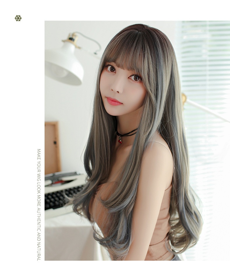 新品登場 ナチュラルロング巻き髪ウィッグ 高温耐熱ファイバー 67cm 青木霧ブルー×ブラック グラデーション自然仕上げ レディース用フルウィッグ