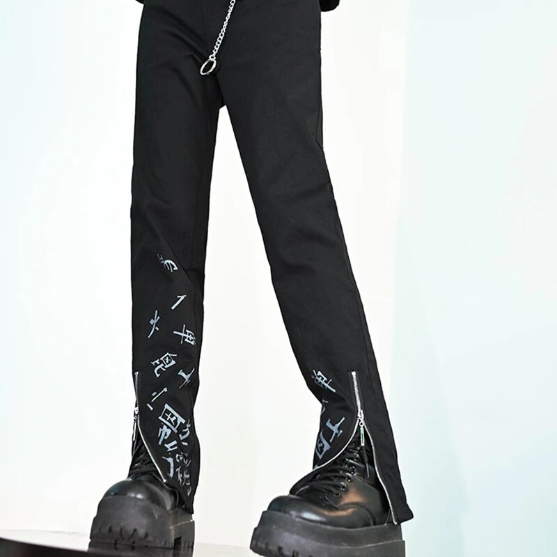 チャイナ風ズボン レディース スリットパンツ 黒 ロングパンツ 咬文嚼字 ボトムス カジュアルパンツ 着痩せ かっこいい