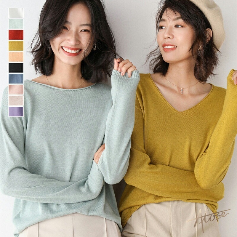 【秦】【2点購入で150OFF】【短納期】ニット セーター トップス レディース ニット 長袖 vネックニット ボートネック 無地 デコルテ 着回し 抜け感 大人可愛い インナー ラウンドヘム 大きい