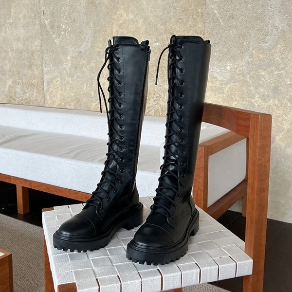 ロングブーツ レースアップ サイドジップ トラックソール レディース 黒