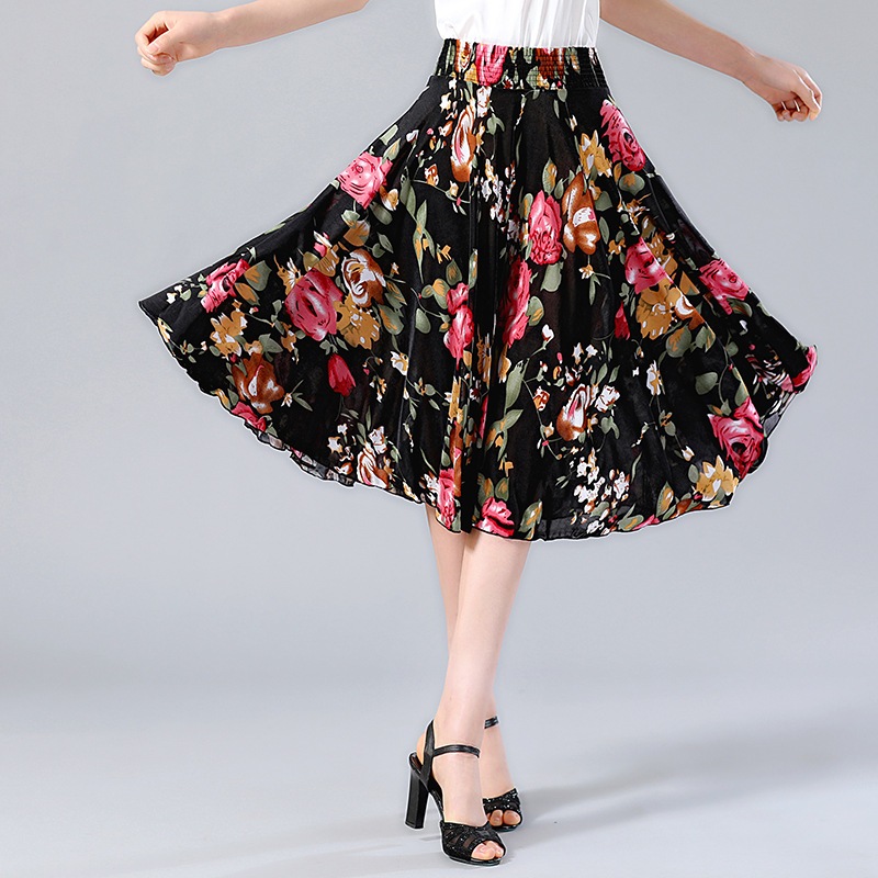 驚きの価格 中高年のダンススカートスカート夏の女性の母親が着る大きな伸縮性のあるウエストスカートサンスカ 新発売