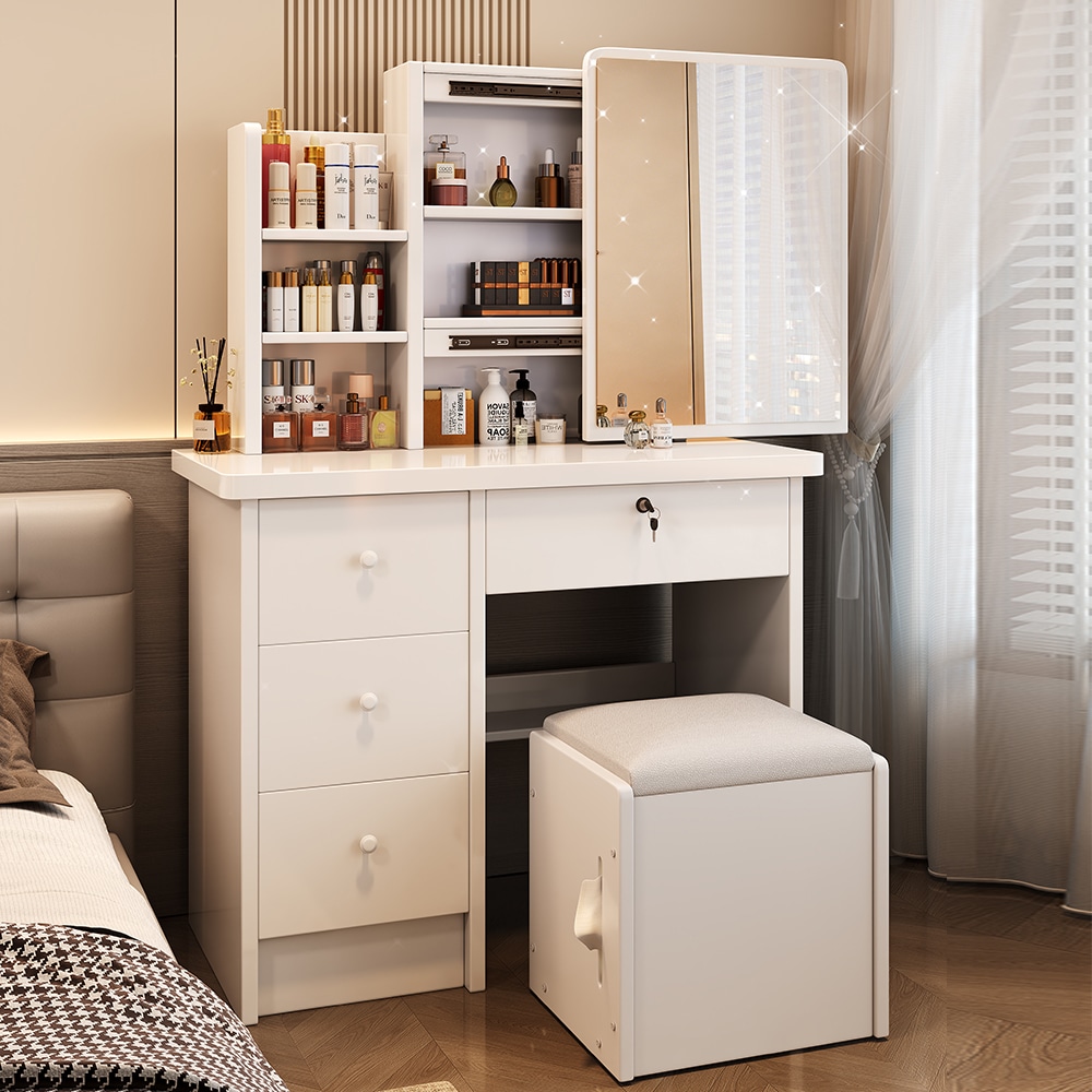 ドレッサー 鏡付き 椅子付き LEDなし 化粧台 メイクドレッサー 収納付き 木製 コンパクト 省スペース 一人暮らし 家庭用 シンプル おしゃれ コスパ良し