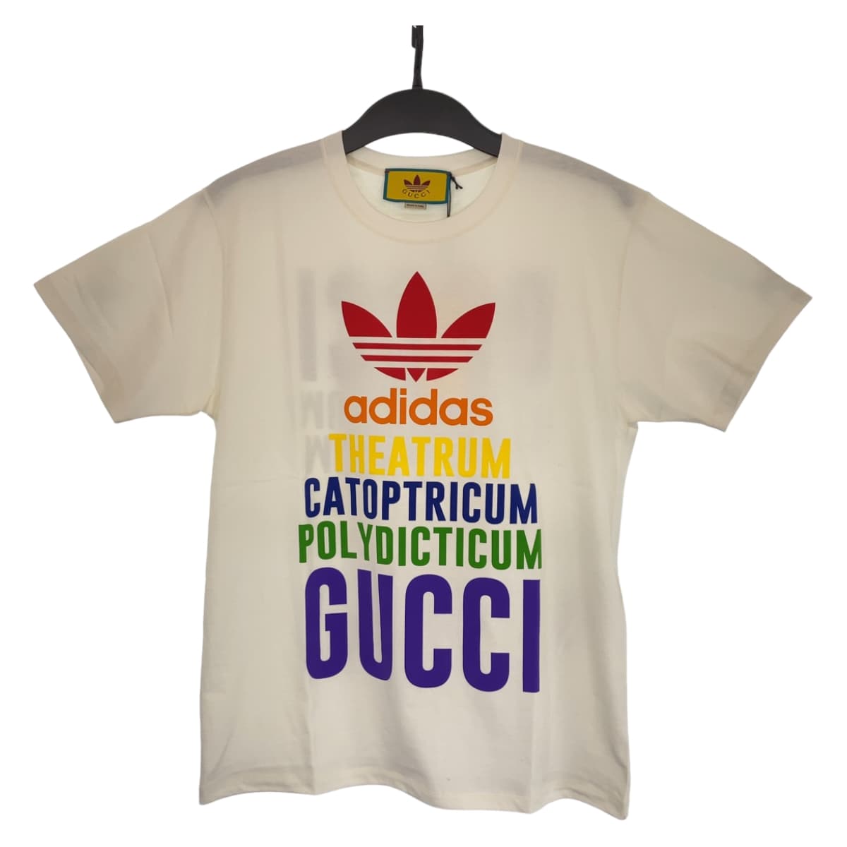 新品未使用 GUCCI × adidas サイズXS ホワイト 白 マルチカラー コットン 717422XJEXJ9095 トップス ロゴプリント 男女兼用 メンズ 405487 新品