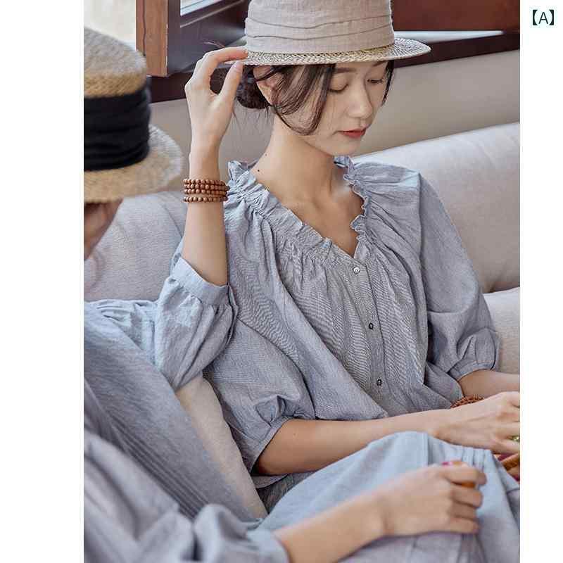 レディース　　シャツ　トップス ケ ラン モ ユアン 軽い 質感 フランスの 高級 リネン コットン シャツ トップス レディース 夏