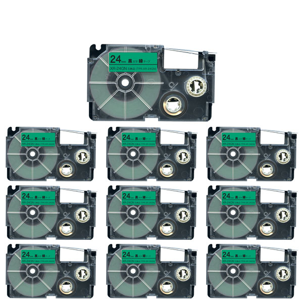 カシオ用 ネームランド 互換 テープカートリッジ XR-24GN ラベル 10個セット 24mm／緑テープ／黒文字