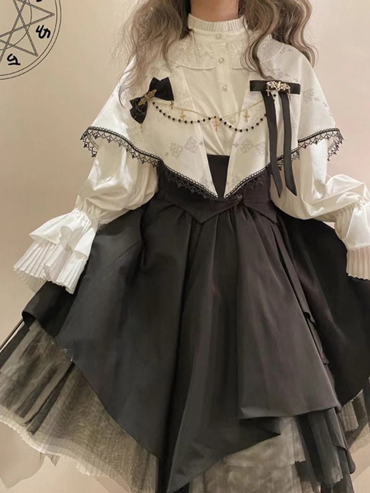 ゴシック風 ロリータワンピース二点セット セットパフスリーブシャツウエストSKオルガンギャザースカートロリータ韓国ファッションッ