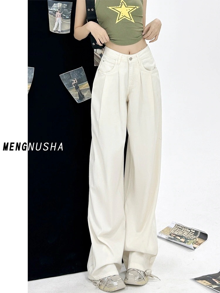 ホワイトルーズシンワイドレッグカジュアルジーンズメスサマー20l23ハイウエストコリアンドレープストレートモップパンツ