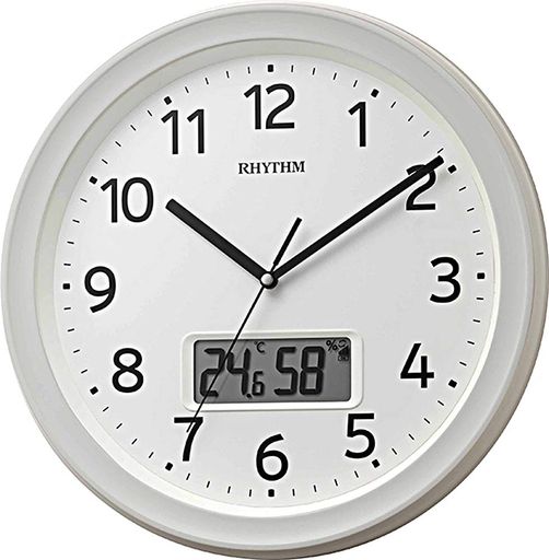 リズム(RHYTHM) 掛け時計 電波時計 アナログ デジタル 連続秒針 温度 湿度 カレンダー 白 Φ32.5X5CM 8FYA02SR03