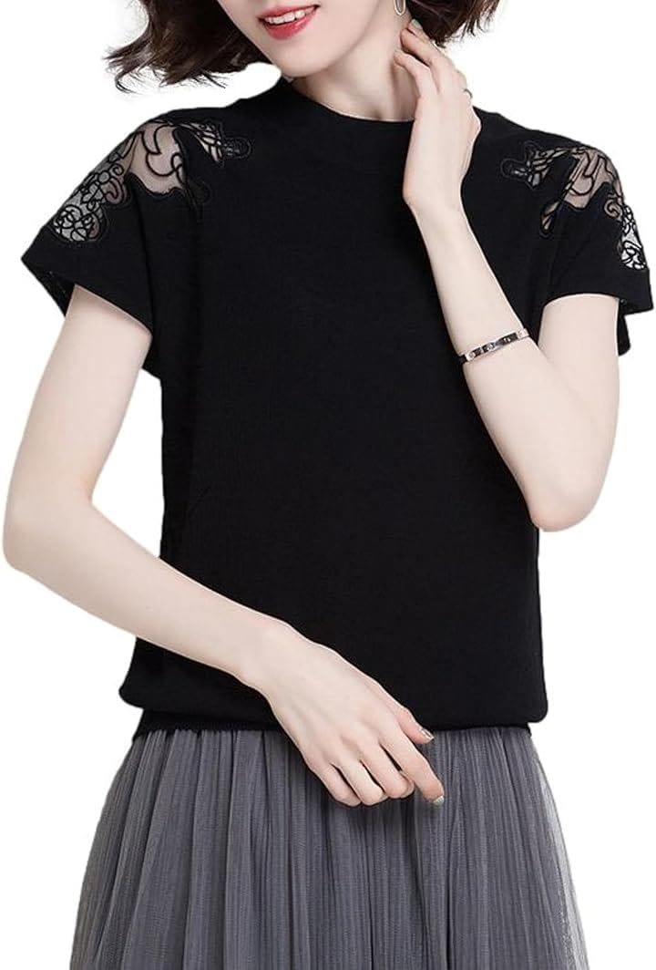 サマーニット レディース トップス 半袖 レース切り替え シースルー ラウンドネック 薄手 涼ニット ラウンドネックニット 清楚系 ニットトップス 大人 すっきり(ブラック, L)