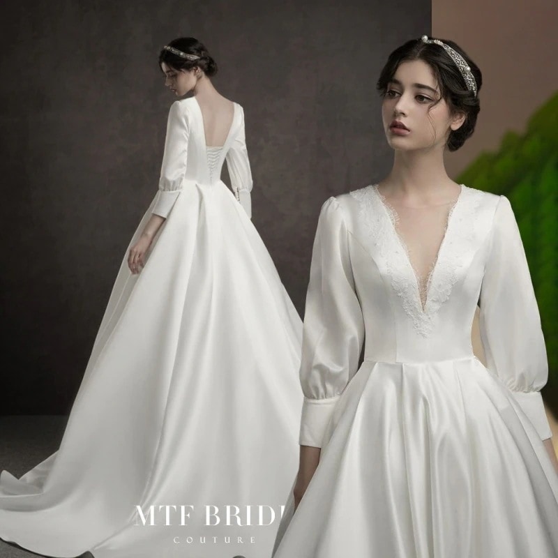 【前撮りドレスワンピース】ウェディングドレス袖あり白総レースシースルーワンピース結婚式披露宴後撮り二次会ドレス花嫁ドレスウエディング長袖トレーンラインナチュラル
