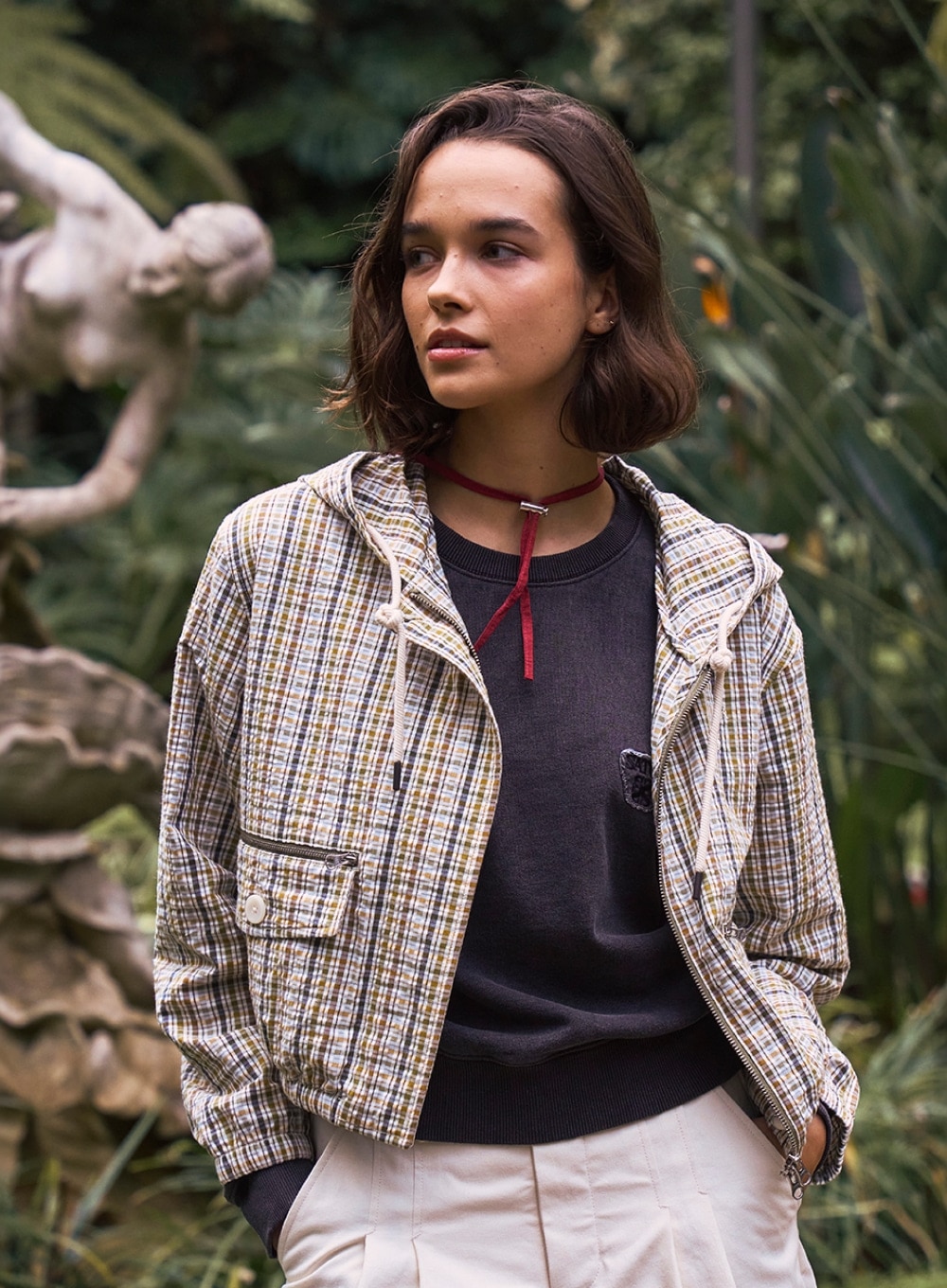 【SATUR】(W) CROP HOOD CHECK JACKET : OLIVE GREEN