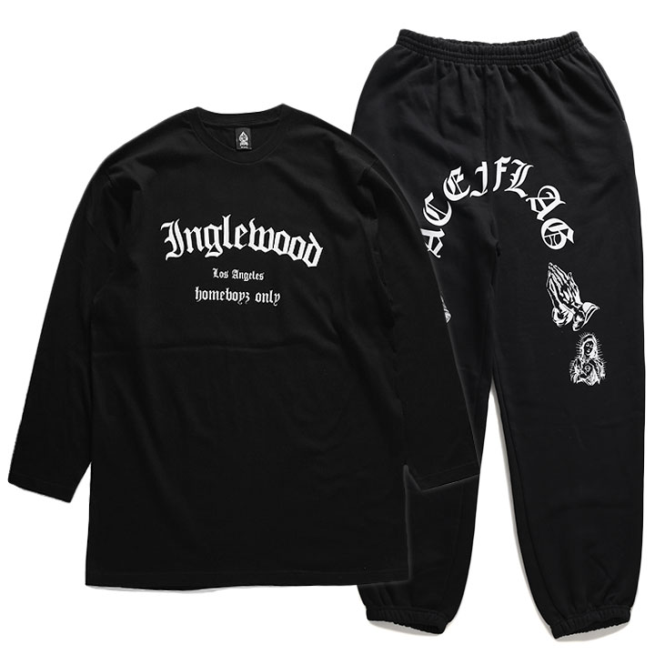 ACE FLAG 上下セット 長袖 ブランド メンズ 春秋冬用 黒 大きいサイズ エースフラッグ セットアップ ロンT 上下 Inglewood イングルウッドパジャマ・ルームウェア