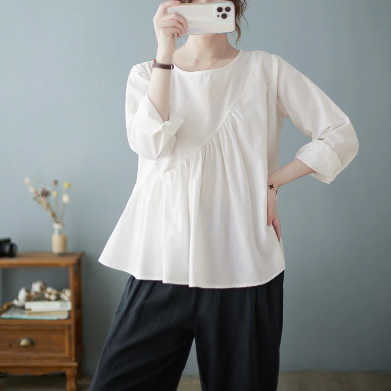 クルーネックトップス 長袖ノーバランス カジュアル シャツ ゆったり 薄手 ン素材トップス 体型カバー ブラウス シンプル 無地T シアーシャツ