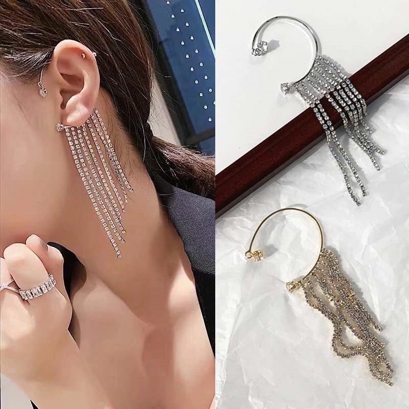 シャイニークリスタルロングチャームイヤーフック 1個 左耳用 片耳 ジルコニア 揺れる 長い 女性