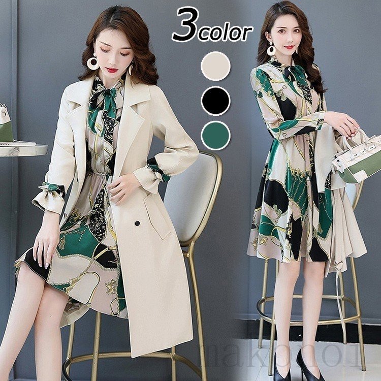 ワンピースセットアップ トレンチコート レディース 春秋 40代 膝丈ワンピースセットアップ フォー