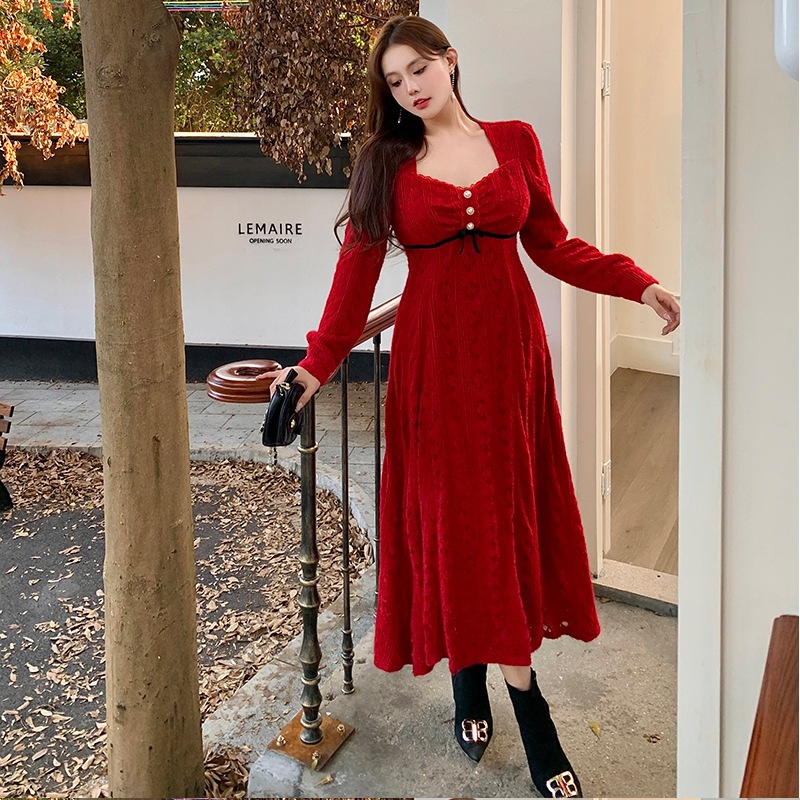 【ぽちゃまに】 大きいサイズ XL-5XL 高級感 フランス風 レトロ レッド レース ワンピース 新年 フォーマル パーティー メガ割