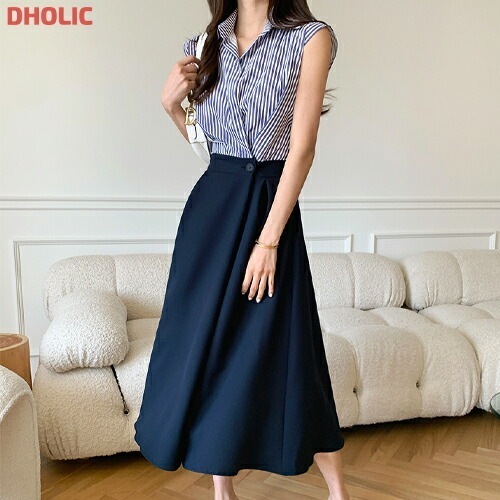 [メガ割りSALE]オープンカラーノースリストライプラップワンピース