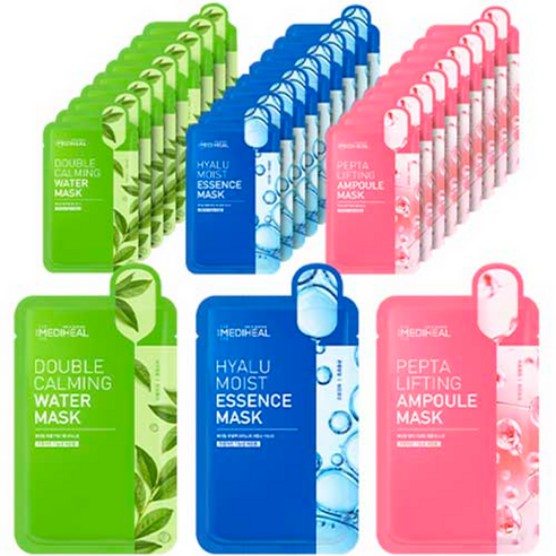 ダブル カーミング ウォーター マスク +ヒアル モイスト エッセンス マスク +ペプタ リフティング アンプル マスク 30枚 x 1セット (鎮静/弾力/保湿/栄養供給/活力/光彩/しわ防止)