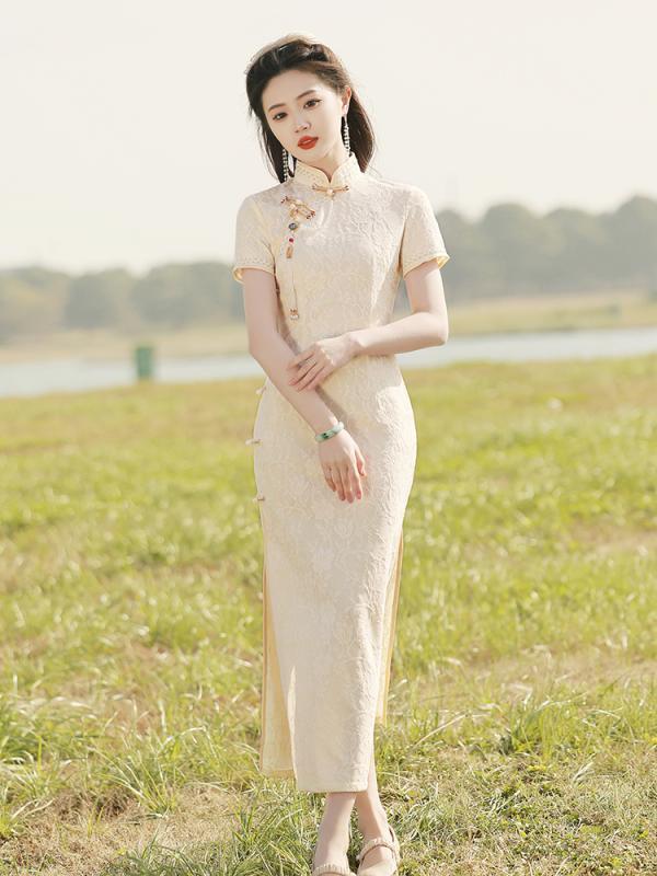 チャイナドレス ロング スリット 夏 レディース 半袖 七分袖 スタンドカラー ジップアップ レース ソフト タイト おしゃれ エレガント アプリコット 緑 きいサイズ パーティー