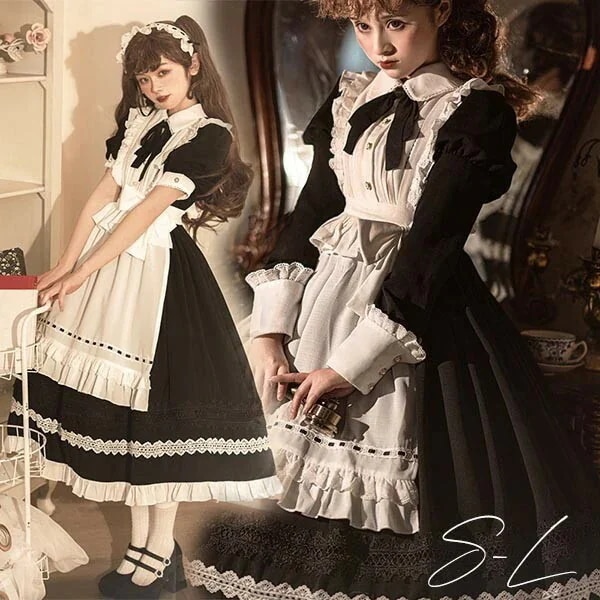 ロリータ 黒ロリ ワンピース Aライン Lolita メイド 女の子 コスプレ ミモレ丈 レディース コスチューム 衣装 かわいい 可愛い フリル 仮装 パーティ イベント 森ガール 可愛い ゆめかわ