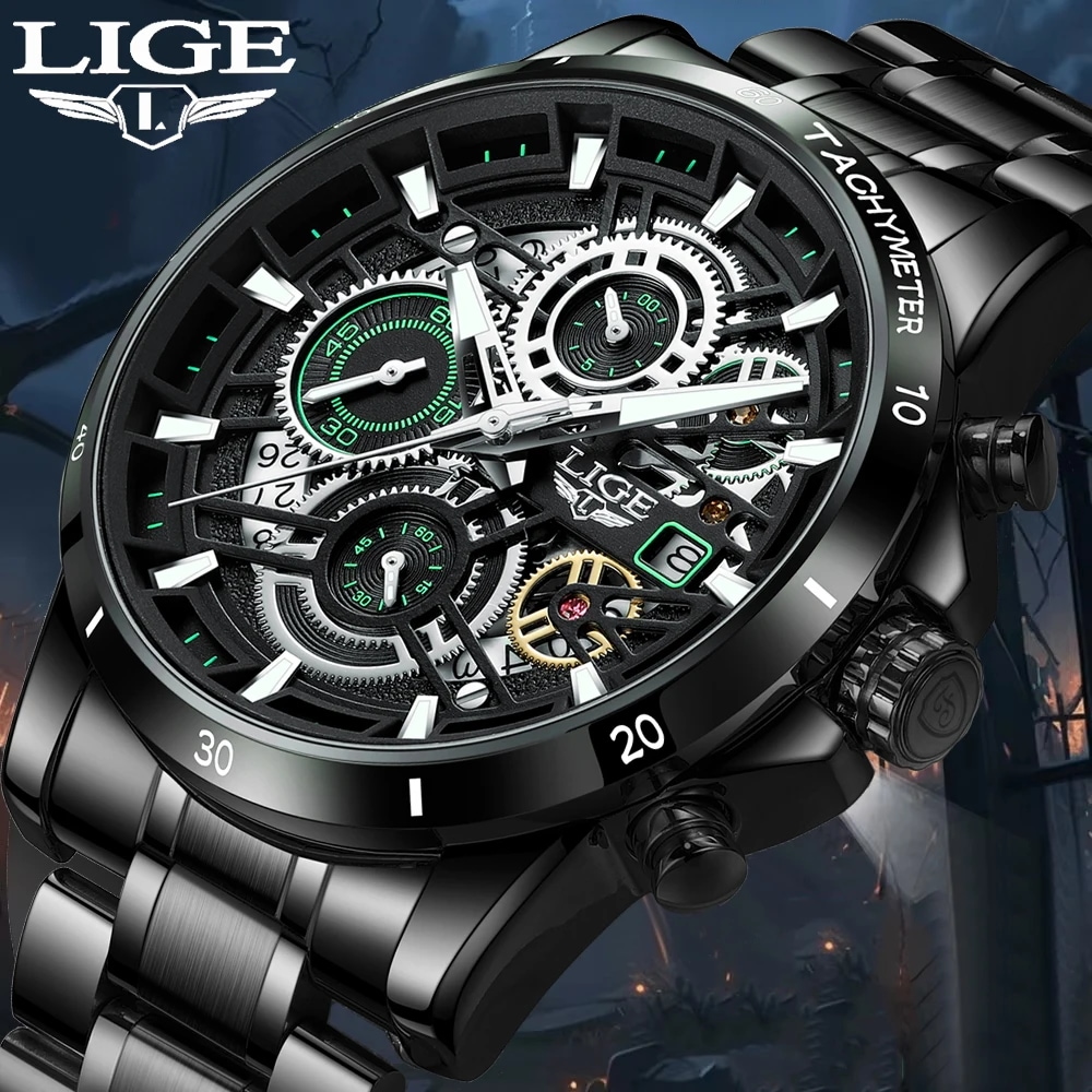 Lige-ボックス付きメンズ防水クォーツ時計ビジネスウォッチフルスチールミリタリースポーツファッション