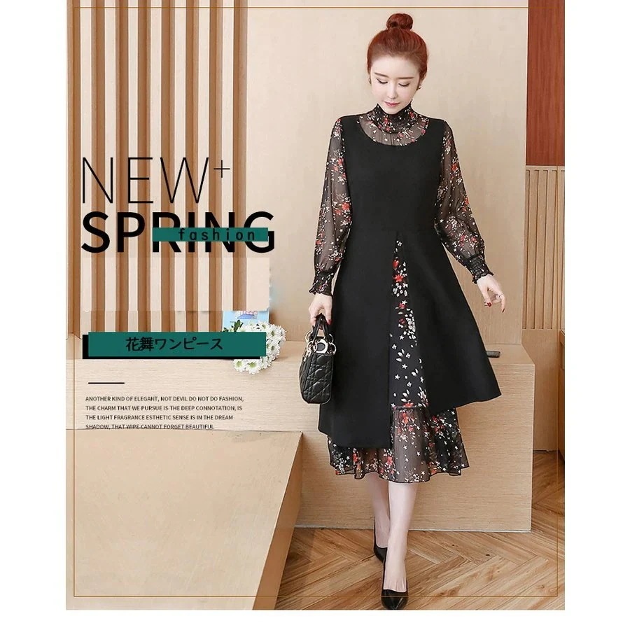 ワンピースレディース4020春長袖きれいめ上品シフォンワンピースロング丈花柄大きいサイズパーティードレスおしゃれ韓国風着痩せOL品30%までに制限